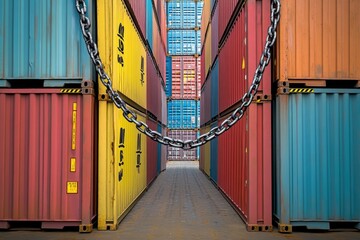 Poster - Containers stacked on top of each other secured by a chain, possibly for storage or transportation