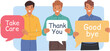 © aprint22com - Kind men show gratitude and say goodbye, holding speech bubbles with positive inscriptions. Positive guys with dialogue clouds with good-natured comments and thanks for cooperation for cooperation