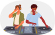 © aprint22com - Two DJ use mixing console to entertain visitors to disco in nightclub and play original musical hits. Team of professional DJ with audio equipment for dance festival in club or concert