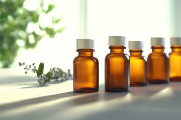 Poster - A row of brown glass bottles sits on a wooden table, with a simple and rustic background