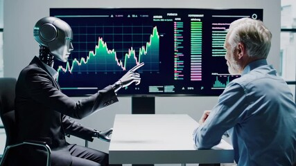 Poster - Advanced humanoid robot, wearing a suit, presenting stock market data analysis to a senior businessman in a modern office, captured in slow motion