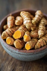 Sticker - Tumerics arranged on a wooden table, perfect for food or product display