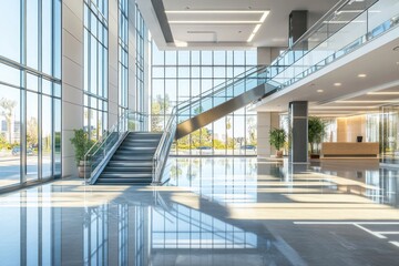 Poster - A modern building entrance with a staircase and glass wall, suitable for architecture or interior design uses