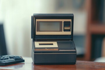 Poster - A small electronic device sits on a wooden table