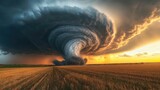 A powerful storm approaches a wheat field with the tornado cloud rolling in