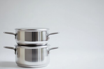 Poster - Two stainless steel pots stacked on top of each other, awaiting use