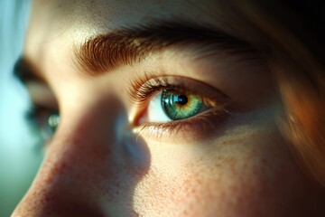 Poster - A detailed shot of a person's eye featuring distinctive freckles, ideal for use in beauty or lifestyle concepts