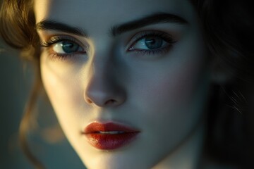 Poster - Close-up portrait of a woman with bold red lipstick, suitable for beauty, fashion and lifestyle themes