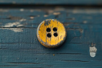 Poster - A single wooden button sits on a smooth blue wooden surface, perfect for adding a touch of natural elegance to any design