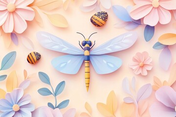 Wall Mural - a blue dragonfly sits amidst colorful paper flowers