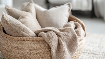 Sticker - A woven basket filled with neutral-toned pillows and a cozy throw blanket.