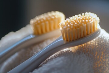 Poster - A pair of toothbrushes resting on a towel, simple and clean