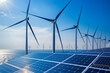 © rizkan - Wind turbines and solar panels under a bright sky near the ocean, showcasing renewable energy