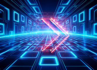 Poster - futuristic geometric tunnel with glowing blue grid lines and red arrow shapes suggesting a double ex