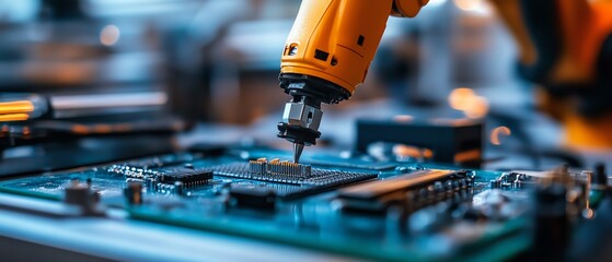 Poster - Robotic arm assembling components on an electronic circuit board in a modern manufacturing plant