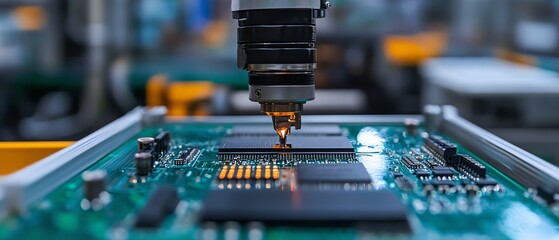 Poster - Robotic arm assembling components on an electronic circuit board in a modern manufacturing plant