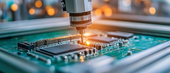 Poster - Robotic arm assembling components on an electronic circuit board in a modern manufacturing plant
