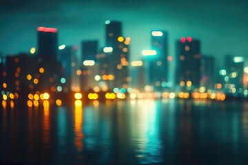 Aufkleber - A blurry photo of a city's skyline at night with bright lights and bustling streets