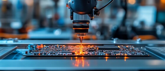 Poster - Robotic arm performing intricate work by placing components on an electronic circuit board in a modern manufacturing plant