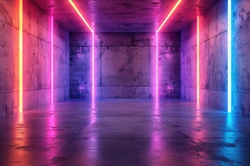 Poster - Neon lights illuminate a grunge concrete room, creating a vibrant, futuristic atmosphere.