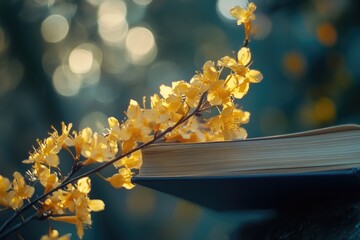 Aufkleber - A book with yellow flowers on top, great for educational or decorative purposes