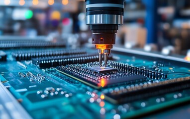 Poster - Automated robotic arm placing components on an electronic circuit board in a modern manufacturing facility
