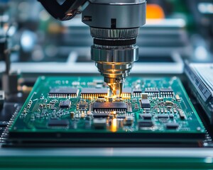 Leinwandbilder - Automated robotic arm placing intricate components on an electronic circuit board in a modern manufacturing facility