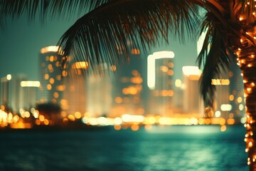Poster - A palm tree stands tall against the backdrop of a city's skyline at night, with bright lights and bustling activity