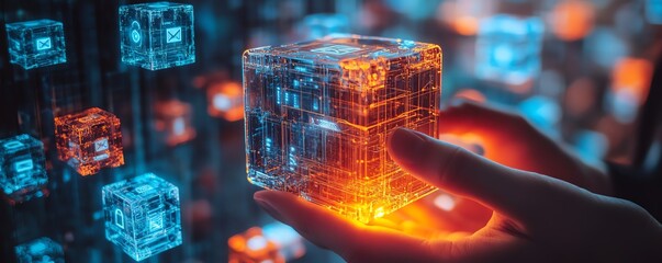 Fototapete - Hands gripping glowing cubes, each displaying encryption, firewall, and privacy icons, representing secure data storage and modern cyber security concepts