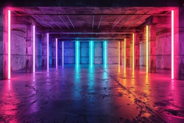 Poster - Neon lights illuminate a grunge concrete space, creating a vibrant, futuristic atmosphere.