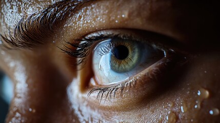 Poster - A close-up shot of a person's eye with water droplets glistening on the surface