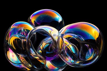 Poster - Iridescent soap bubbles cluster on black background.