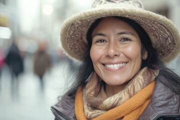 Aufkleber - A smiling woman wearing a hat and scarf, outdoors