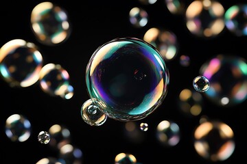 Aufkleber - Iridescent soap bubbles floating in dark space.
