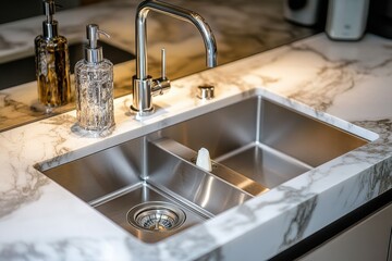 Poster - A kitchen sink with a soap dispenser installed, ideal for bathroom or kitchen decoration