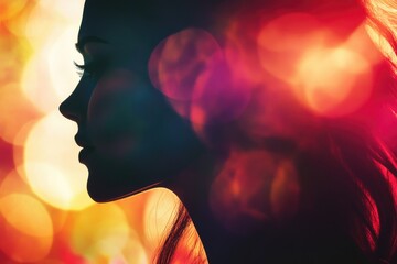 Wall Mural - A close-up of a woman's face with bright lights shining behind her