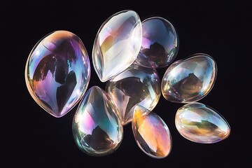 Poster - Iridescent soap bubbles floating on black background. (4)