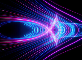 Poster - Abstract image with vibrant neon blue and pink lines creating an eye-like shape against a dark backdrop. Dynamic and flowing lines convey energy and motion in a futuristic style.