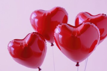 Poster - A bunch of red heart-shaped balloons floating in the air, suitable for romantic and celebratory occasions