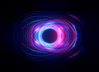Fototapete - Swirling pink and blue light creates an abstract, futuristic vortex against a dark backdrop.  Glowing trails form a dynamic, circular shape in a digital illustration.