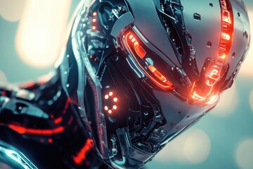 Poster - Close-up of a robot's head with bright, glowing eyes