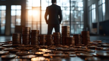 Poster - Confident Businessman Next to Glowing Profit Graph Surrounded by Gold Coins on White Background