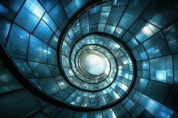 Wall Mural - modern glass skyscraper spiral staircase viewed from below creating geometric patterns with sunlight streaming through windows