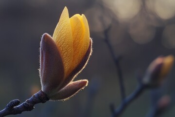 Wall Mural - A single yellow flower is seen budding on a tree branch, surrounded by greenery