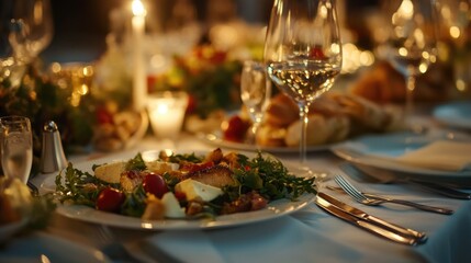 Aufkleber - A still life of a dinner table setup with a plate of food and glasses of wine, perfect for editorial use