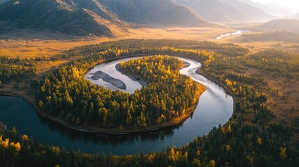 Aufkleber - Aerial view of a river flowing through a forest, perfect for use in nature-inspired designs and presentations
