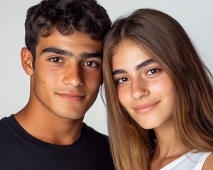 A couple hugging each other on a white background