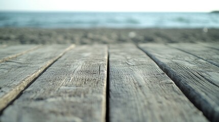 Poster - Close-up shot of a wooden floor with water in the background, great for interior or nature-themed designs