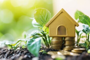 Aufkleber - A small house sits atop a pile of coins, a symbol of prosperity and financial success