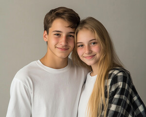 A couple hugging each other on a white background